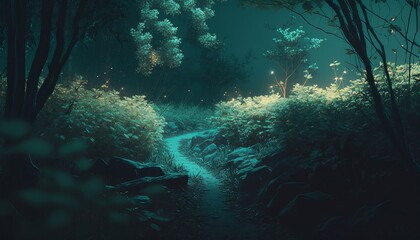 Fototapeta na wymiar Night forest path and background. Generative AI technology. 