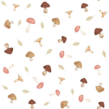 Seamless pattern with watercolor mushrooms