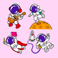 Astronaut cartoon set, animation , flat design, galaxy , Vector