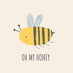 Cute flying bee illustration. Hand drawn cute bee vector isolated. childish style happy bee