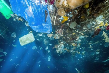 Underwater photo of plastic garbage floating in the ocean