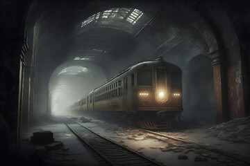 A large underground tunnel with a railway, tram, tram tracks, abandoned, AI-generated image