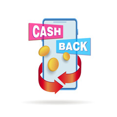 Smartphone. Cash and financial payments refund service, cashback. Vector illustration, 3d.