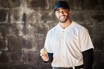 Sports, baseball and portrait of man with ball, smile and ready for game, match and practice in stadium. Softball mockup, motivation and happy player in dugout for training, exercise and competition