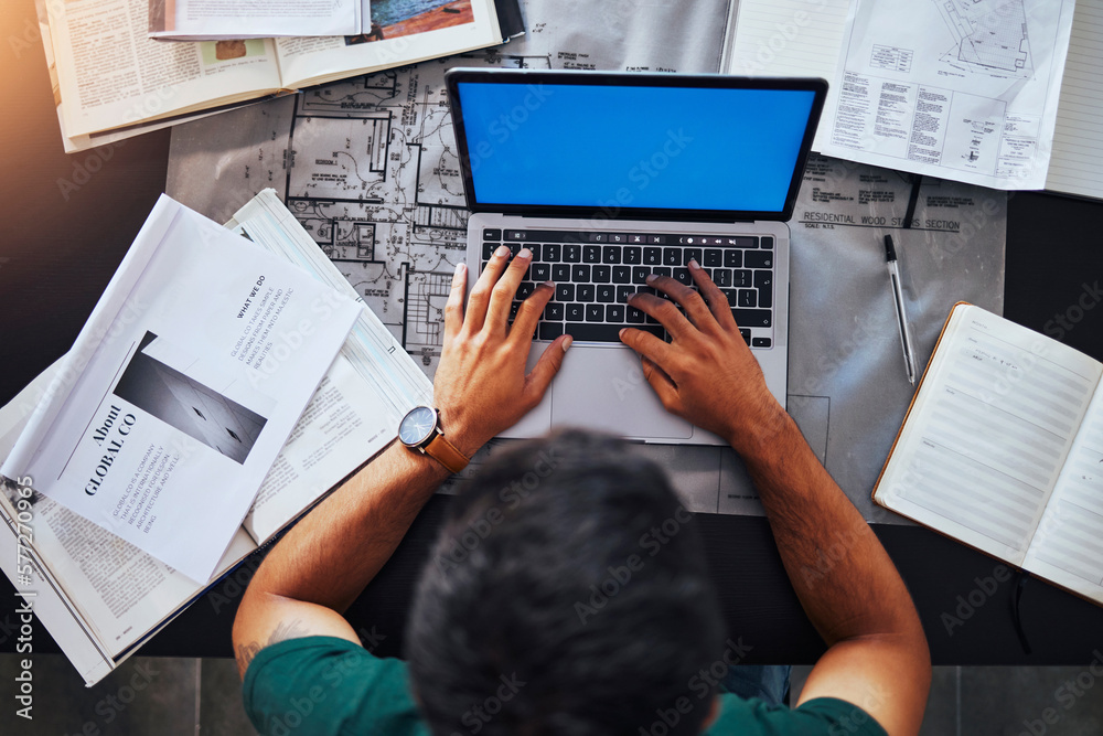 Aufkleber Hands, laptop and overhead with an architect man at his desk, working on design or a building plan. Computer, architecture and blueprint with a male engineer at work on a development project