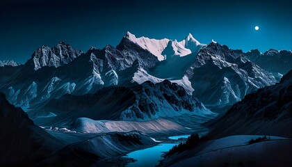 Serene Mountain Range at Blue Hour with Snow-Capped Peaks