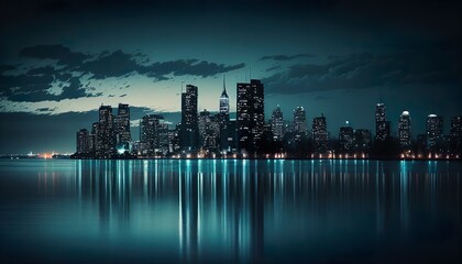 Moody City Skyline at Blue Hour with City Lights Reflecting on Water