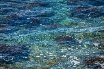Fototapeta na wymiar Blue and beautiful waves. White crest of a sea wave. Selective focus.
