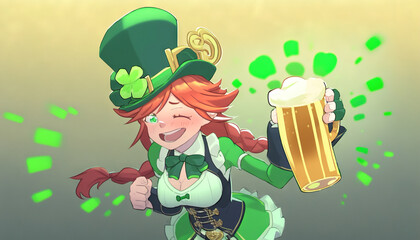 St.Patrick's Day celebration flat anime style background. Leprechaun man in green hat with green beer Generative ai