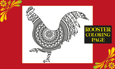 Fototapeta na wymiar Rooster Coloring Page For Adults And Kids . 