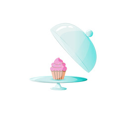 Cupcake in stands with glass dome lid vector illustration for bakery. Pink and brown colors. 