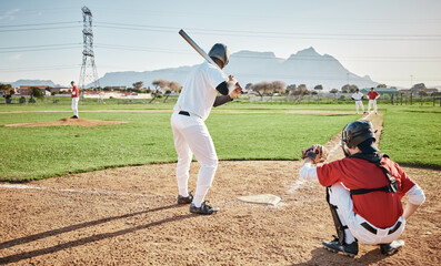 Baseball batter, game or sports man on field at competition, training match on a stadium pitch....