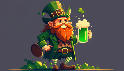 St.Patrick's Day celebration flat anime style background. Leprechaun man in green hat with green beer Generative ai