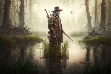 Hunter standing in swamp in forest and holding in his hand an old hunting rifle, concept of Camouflage and Wildlife, created with Generative AI technology - obrazy, fototapety, plakaty
