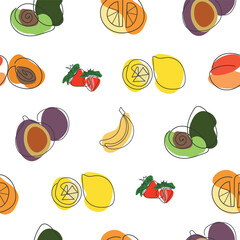 Oneline garden fruits seamless pattern.Vector. One Line illustration.Healthy food background.