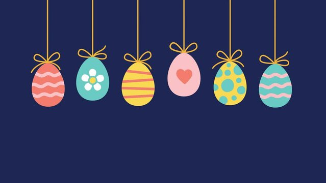 Easter eggs in a doodle style fall on top and hanging on a rope. 4K animation on a blue background for text massage