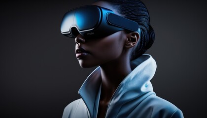 Woman with Modern VR headset, exploring Metaverse. Isolated studio shot. Generative AI.