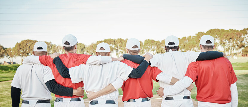 Back, teamwork and solidarity with a baseball group of people standing outdoor on a field for a game. Teamwork, support and training with friends or teammates in unity on a pitch for sports in summer - Powered by Adobe