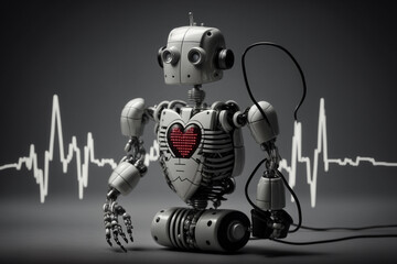 Obraz premium Robot man or very detailed futuristic android isolated on black background, pulse, robot heartbeat. Generative AI.