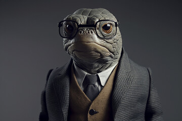 Portrait of a turtle with glasses and a formal suit, black background. generative ai.