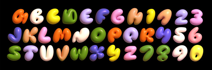 Colorful Latin 3D alphabet with airy thick letters. Font with numbers inflated figures in a cartoon children's style. - obrazy, fototapety, plakaty