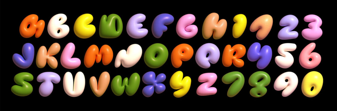 Colorful Latin 3D alphabet with airy thick letters. Font with numbers inflated figures in a cartoon children's style.