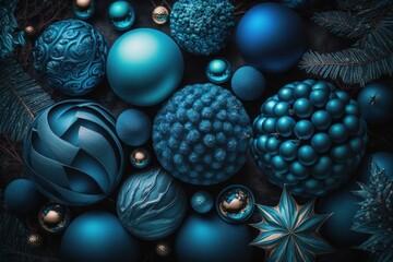 Top view of some blue Christmas balls