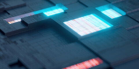 3D rendering of cyberpunk AI. Circuit board. Technology background. Central Computer Processors CPU and GPU concept. Motherboard digital chip. Tech science background.