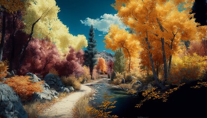 Temperate forest on autumn climate background. Wildlife nature environment. Generative AI technology.
