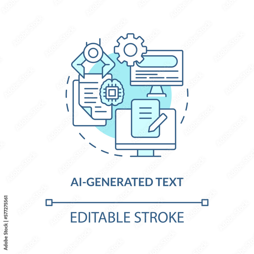 Poster AI generated text turquoise concept icon. Virtual writer. Computer based media type abstract idea thin line illustration. Isolated outline drawing. Editable stroke. Arial, Myriad Pro-Bold fonts used
