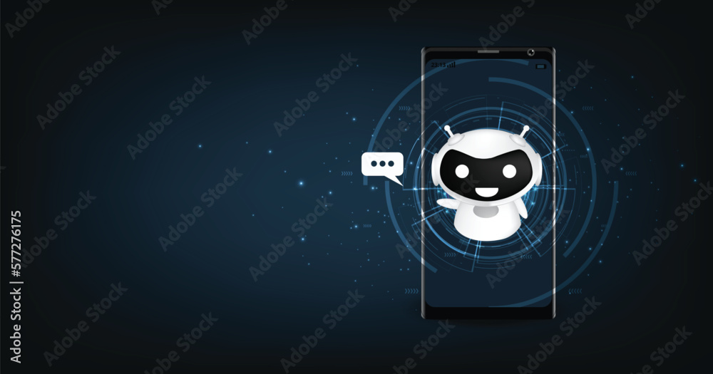 Aufkleber concept of a chatbot on the mobile. cartoon cute white robot on a mobile phone. robot assistant onli