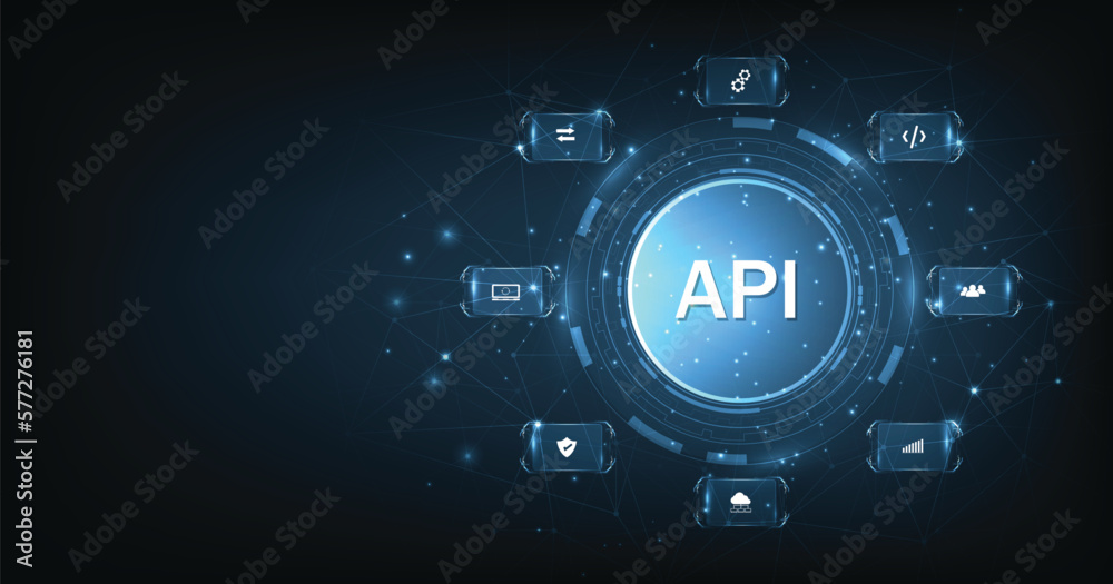 Fototapete application programming interface (api) on blue background. software development tools, information 