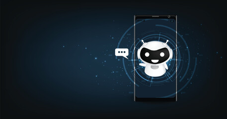 Concept of a chatbot on the mobile. cartoon cute white robot on a mobile phone. robot assistant online consultant. 3d illustration on dark blue background.
