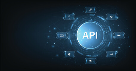 Application Programming Interface (API) on blue background. Software development tools, information technology, modern technology, internet.	