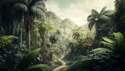 Tropical rainforest jungle background. Generative AI technology.