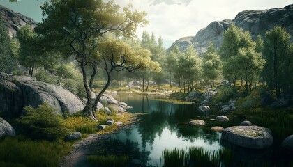 Temperate forest and river background. Wildlife nature environment. Generative AI technology.
