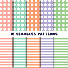 10 seamless patterns in delicate colors, polka dots and stripes, for the design of fabrics, wallpaper, tiles, packaging.