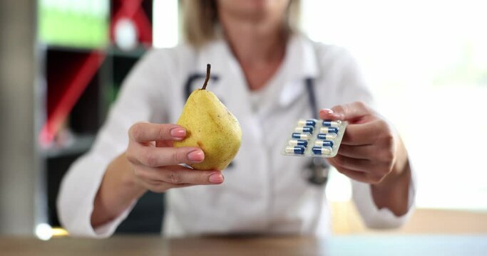 Doctor offers choice of pear fruit or medical pills