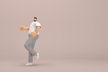 Fototapeta na wymiar The man with beard wearinggray corduroy pants and white collar t-shirt. He is expression of hand when talking. 3d rendering of cartoon character in acting.