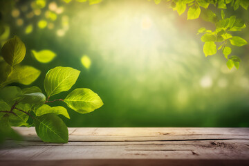 Beautiful spring background with green juicy young foliage and empty wooden table in nature outdoor.  Natural template with Beauty bokeh and sunlight