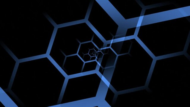The hexagonal blue nano nets are removed at an accelerated pace deep into the black screen.
