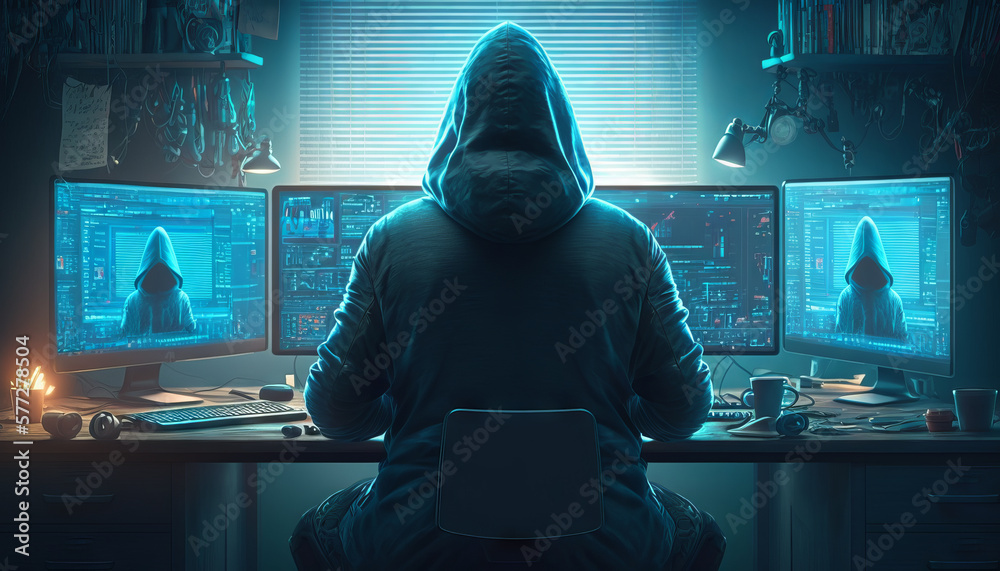 Poster hooded hacker sitting in front of computer screens. cyber attack concept. generative ai