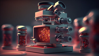 A microscope view of a blood sample, with red and white blood cells visible, Generative AI