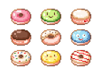 8 bit pixel donuts set. Vector retro video game collection of colorful donut icons in 8bit gamer style. Chocolate and creamy sweet cakes for food stickers, labels, decorations, logo and more.
