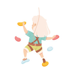 Little Girl Climbing Wall Crawling Up Equipped with Rope Gripping to Ledges Back View Vector Illustration