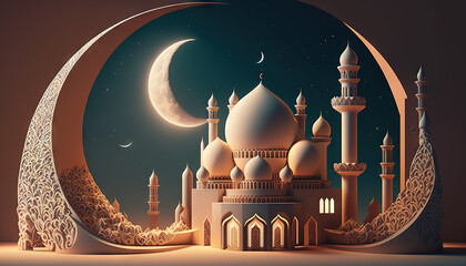 Ramadan's celebration background with Mosque and crescent moon at night, generative ai
