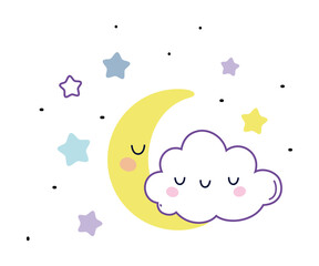 Cute Fluffy Cloud with Smiling Face and Yellow Crescent in Starry Night Sky Vector Illustration