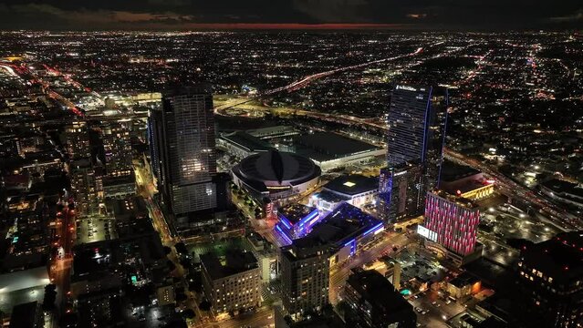 March 2023 - 4K night aerial of Downtown Los Angeles, California, USA