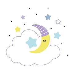 Yellow Crescent in Night Cap and Fluffy Cloud in Starry Night Sky Vector Illustration