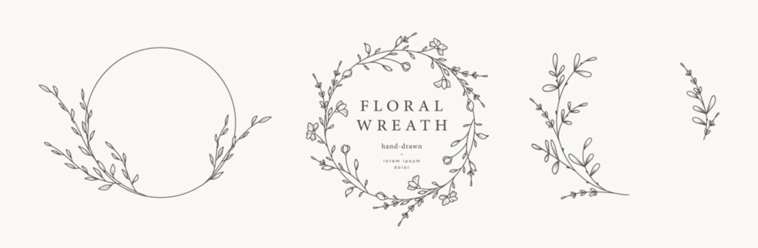 Hand drawn floral frames with flowers, branch and leaves. Wreath. Elegant logo template. Vector illustration for labels, branding business identity, wedding invitation 